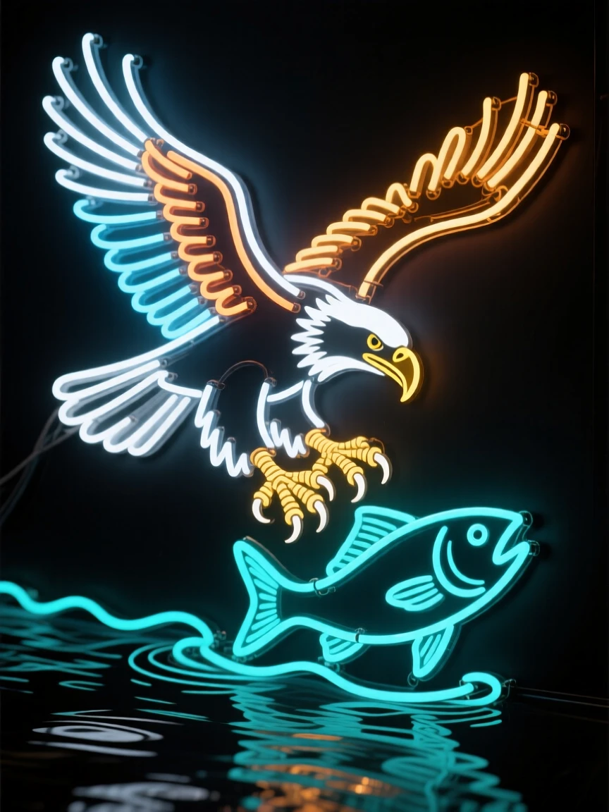 A bald eagle diving toward a river to catch a fish.