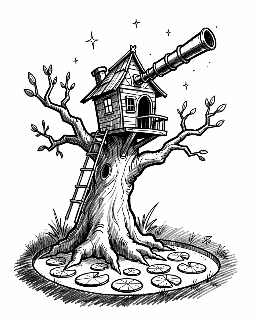 A treehouse fort with a telescope pointed at the stars beside a moat full of lily pads.