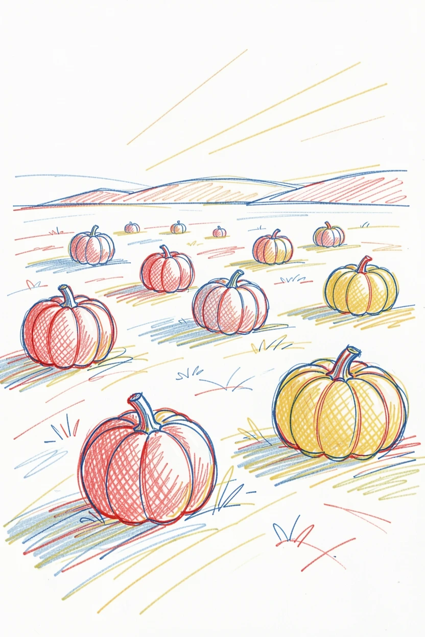 An early winter frost dusting a pumpkin patch at sunrise