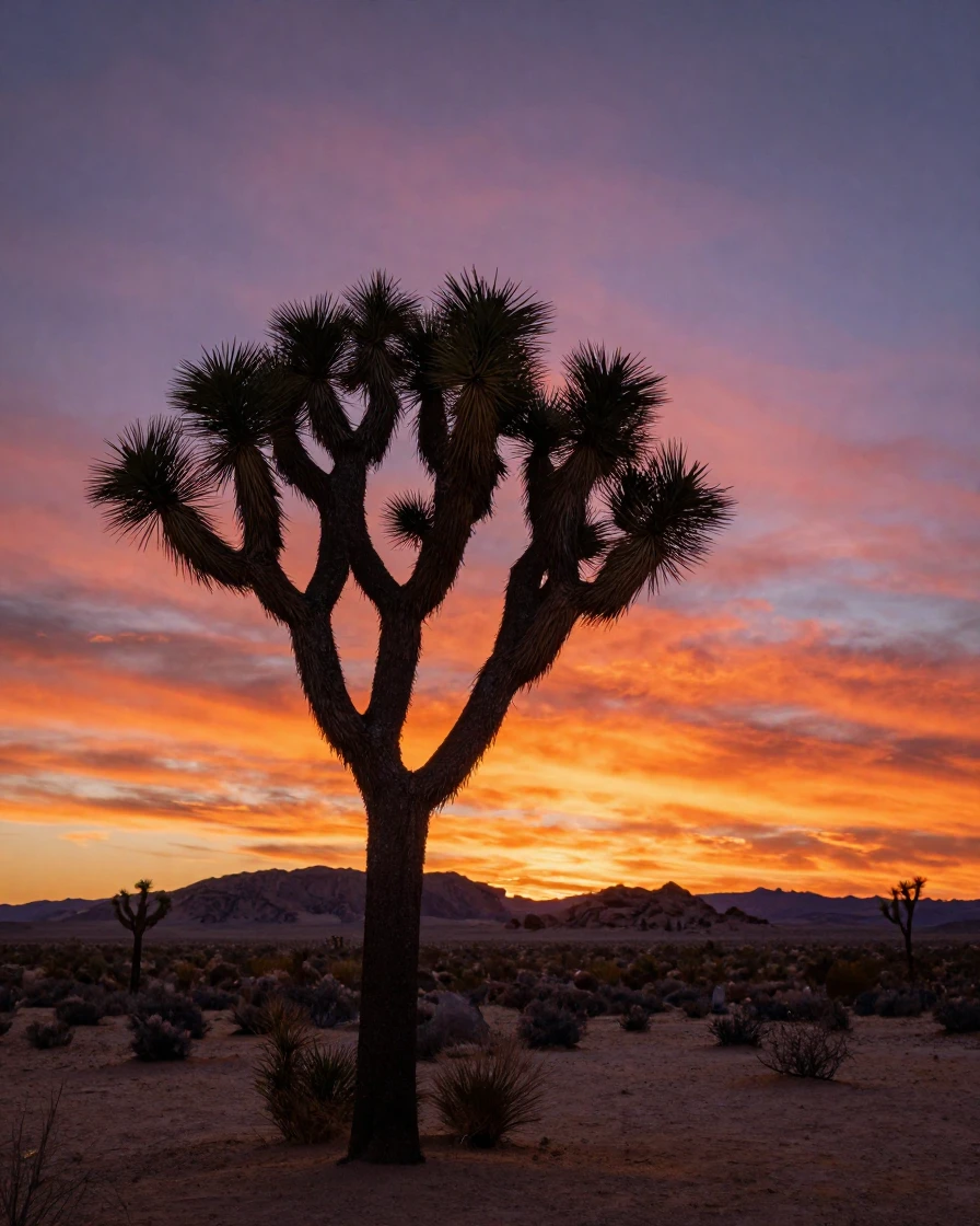 A Joshua Tree silhouette against a desert sunset