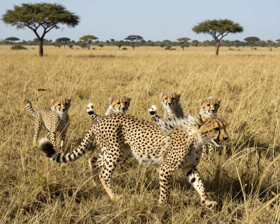 A cheetah cub practices stalking its siblings in tall savanna grass.