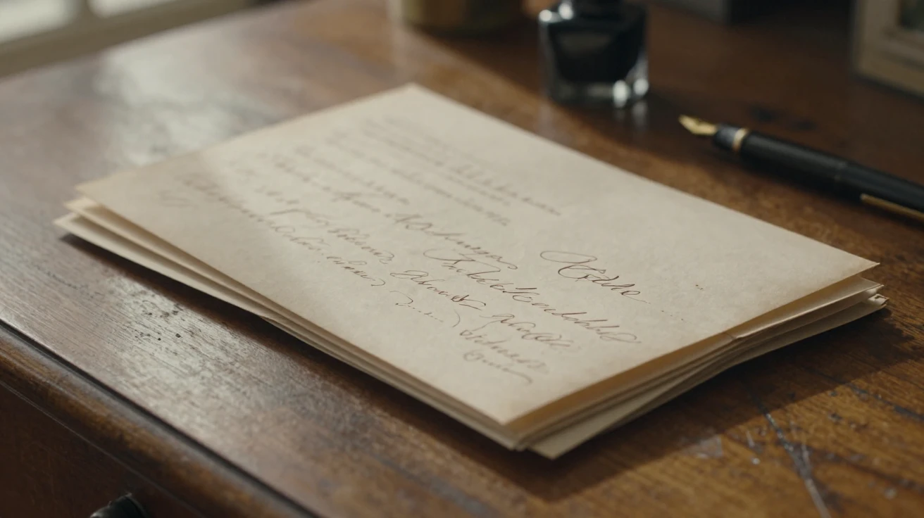 A stack of handwritten letters sitting atop a wooden desk, quietly telling its own small story