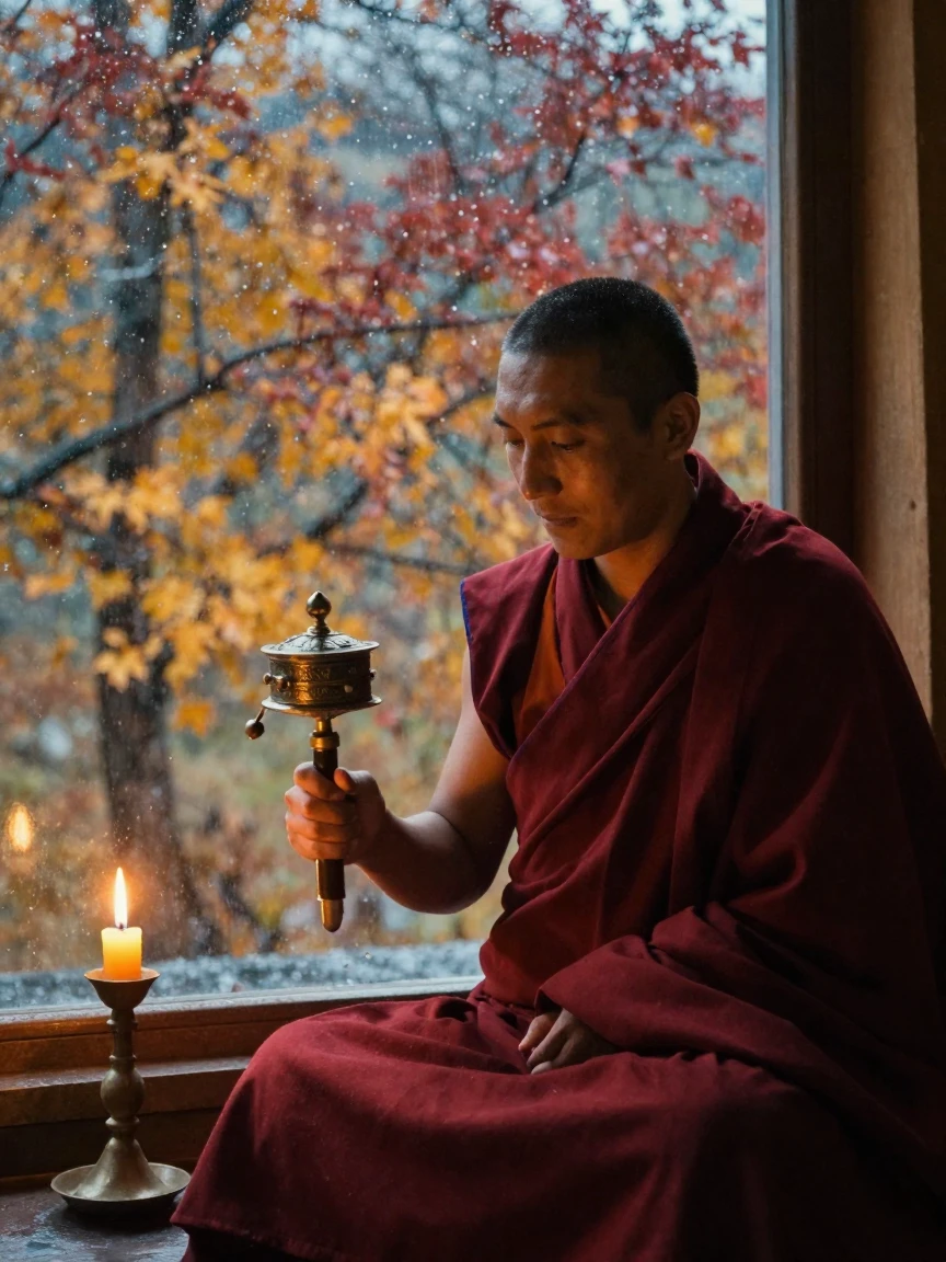 A Tibetan monk in maroon robes spinning a prayer wheel, under flickering candlelight, amid gently falling snow, as autumn leaves turn gold and red, in earthy terracotta and ochre shades, through a rain-streaked window.