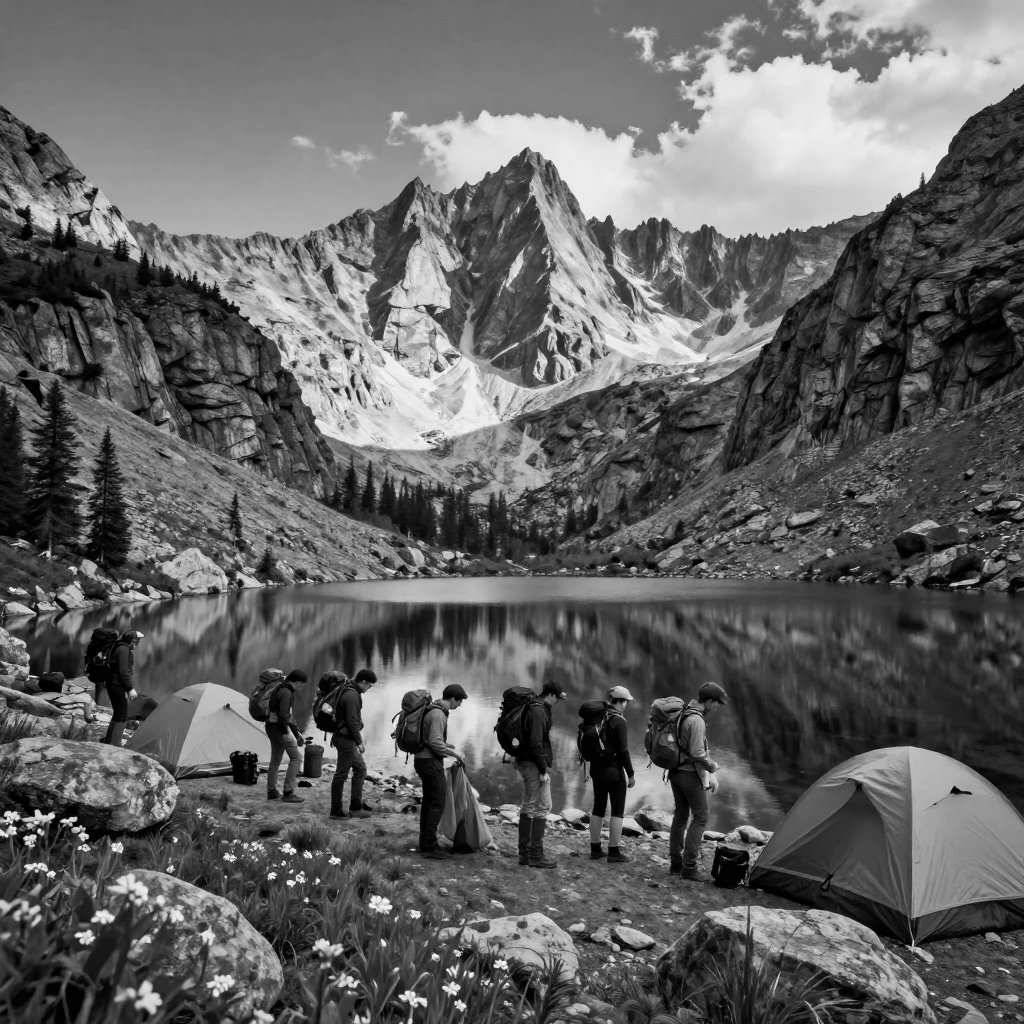 A group of backpackers sets up camp beside an alpine lake beneath towering granite peaks.