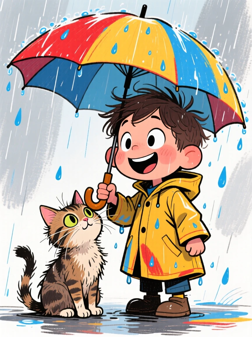 A little boy sharing his umbrella with a wet, grateful stray cat.