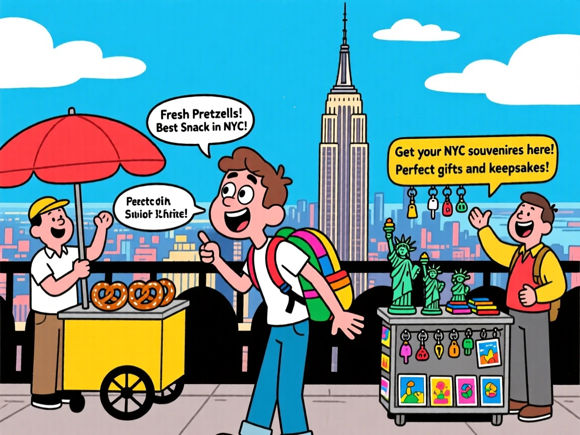 An iconic travel scene featuring a curious traveler taking in the view from the top of the Empire State Building, as street vendors call out cheerfully nearby.