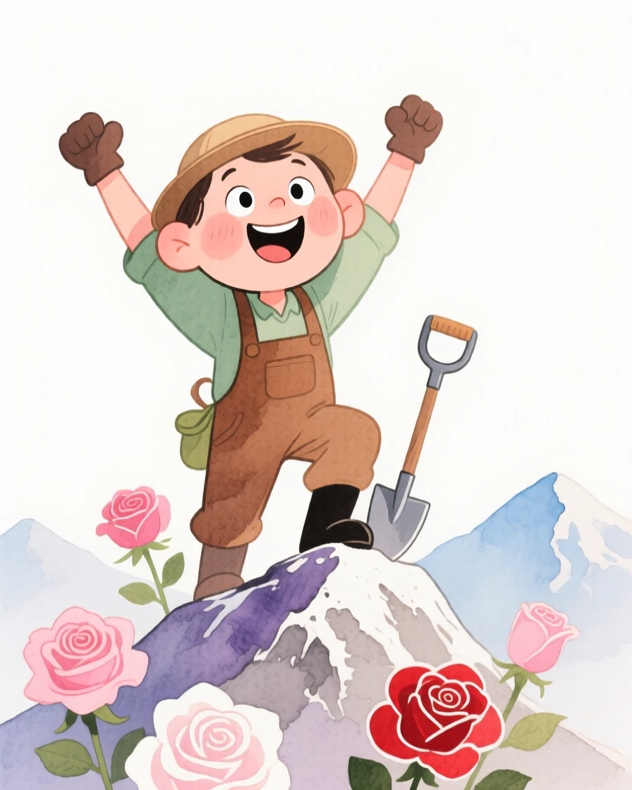 A gardener tending roses reaching a mountain summit with arms raised in triumph