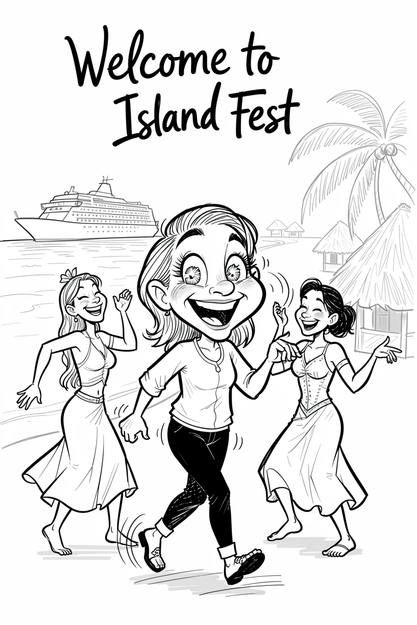 [Travel & Cultural Experiences] Vivid travel scene of a delighted cruise passenger learning a traditional dance from locals, full of wonder and adventure