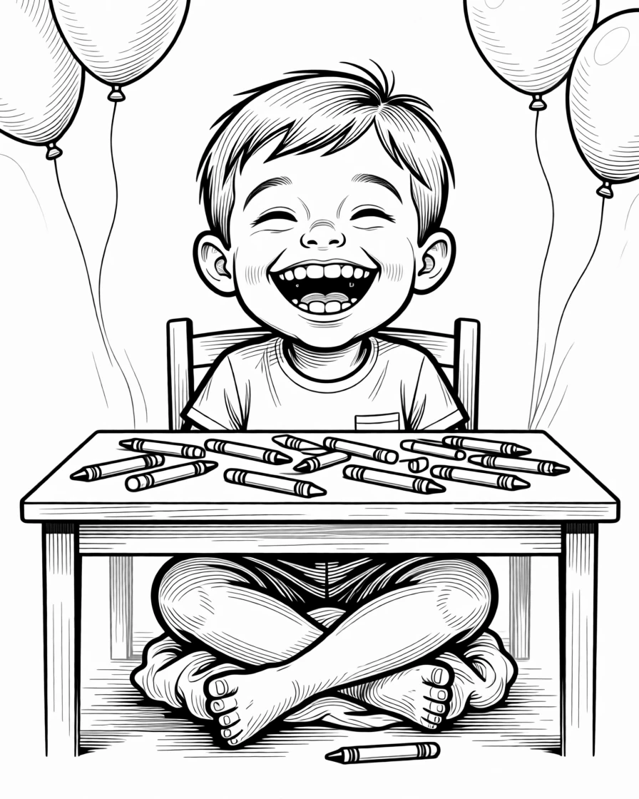 A kid triumphantly missing a tooth with a huge grin, landing in a heap with legs comically tangled, set at a table covered in scattered crayons. Balloons bob gently in the background. It feels like a cherished memory frozen in time.