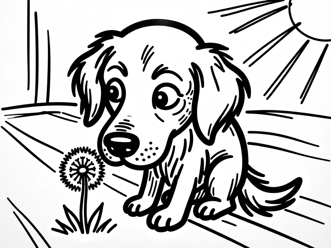 A golden retriever curiously sniffing a single dandelion in a sunny backyard.