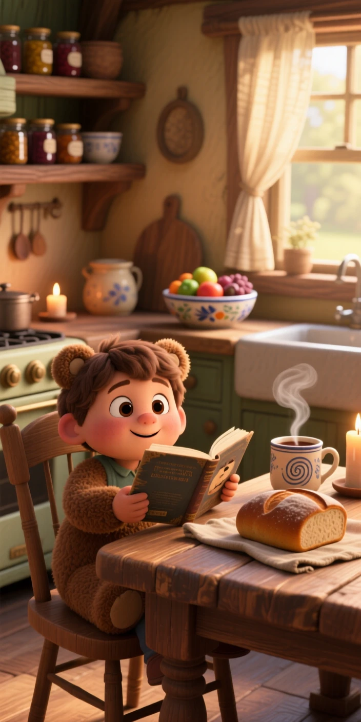 A child hugging a stuffed bear sits at a rustic kitchen table with fresh bread cooling nearby, reading an old paperback novel. A deep sense of comfort and quiet contentment fills the room, with steam rising from a nearby mug.