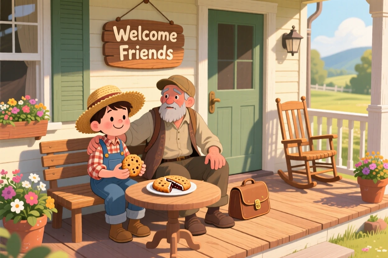 In a cozy front porch, a young farmer and a tired traveler bond over sharing the last cookie between two friends, with a gentle hand resting on a shoulder.
