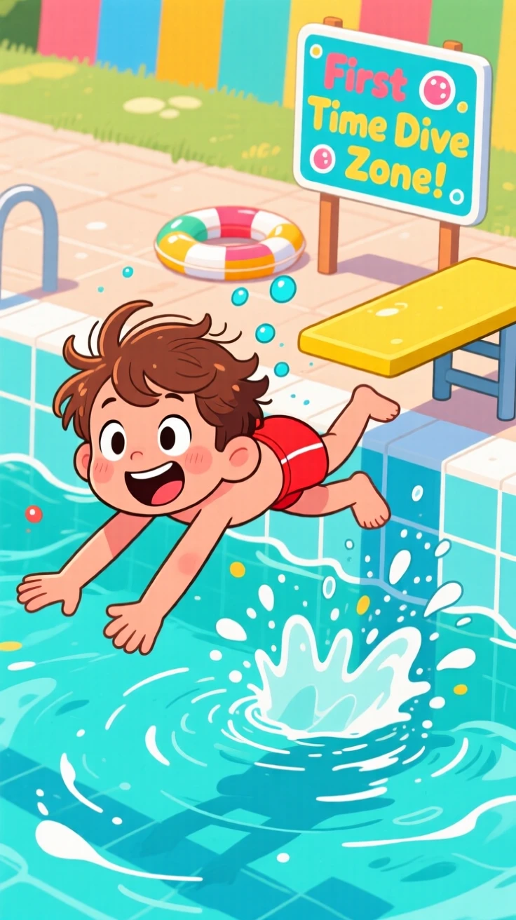 A kid diving into a pool for the first time without floaties.