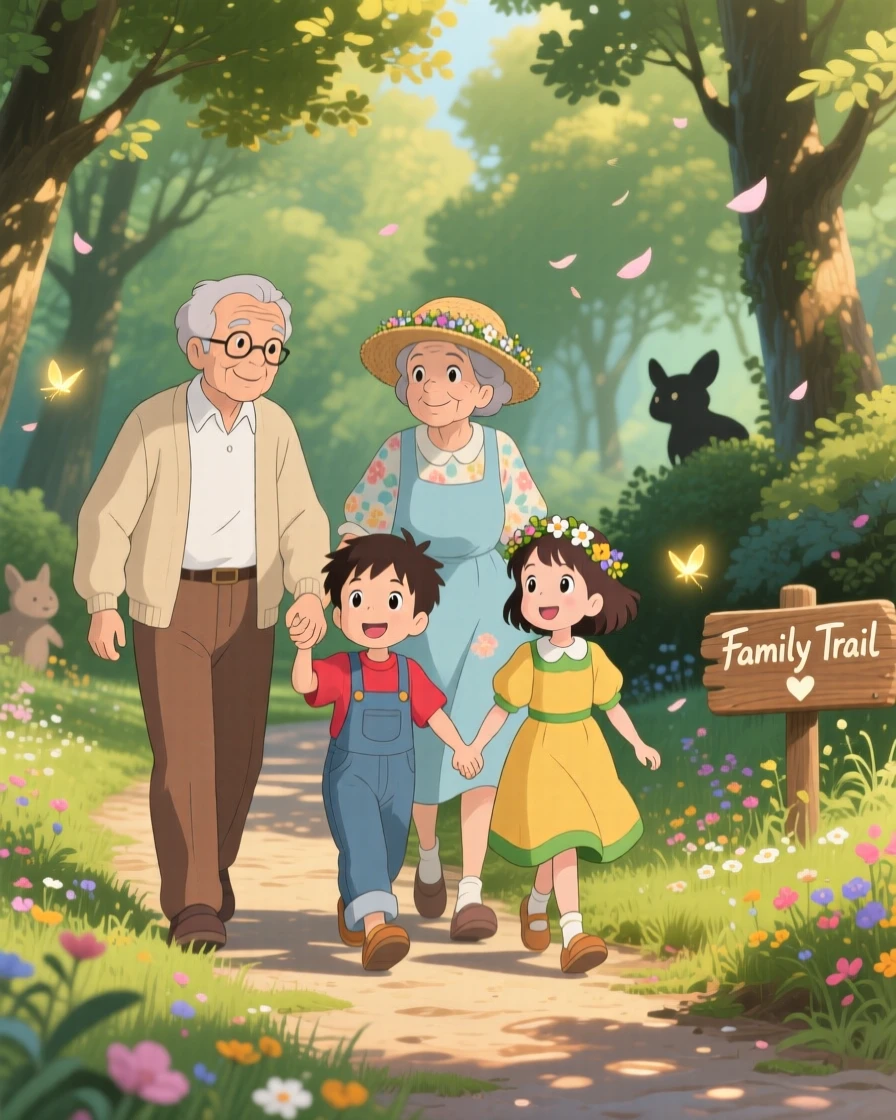 Grandparents walking hand in hand with their grandchildren, the scene full of gentle love.