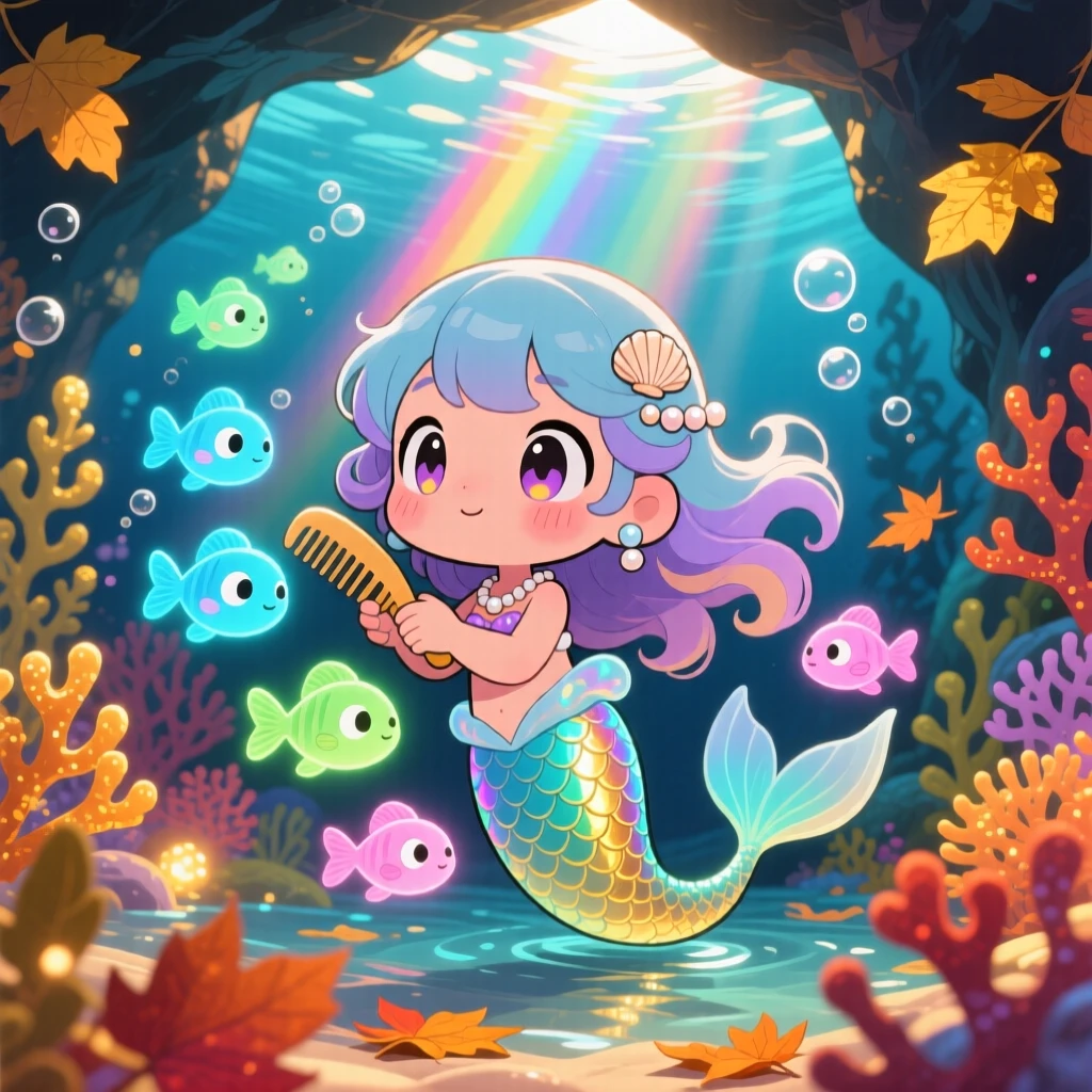 Worm's-eye view: a mermaid princess, combing a school of glowing fish like pets, set against a bioluminescent underwater cave during golden autumn harvest season, with bright rainbow-tinted light and a mood of shy bashfulness.