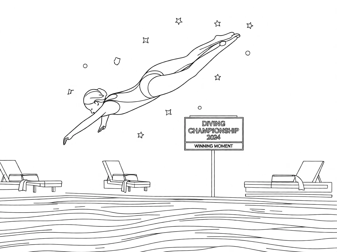 A diver mid-flip above a sparkling pool, with confetti raining down after the winning moment.