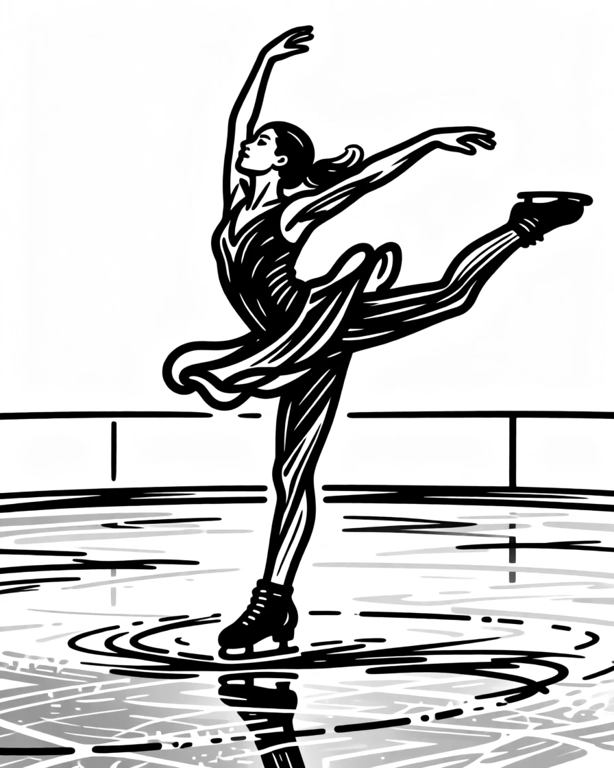 A figure skater spinning gracefully mid-jump on a frozen outdoor rink.