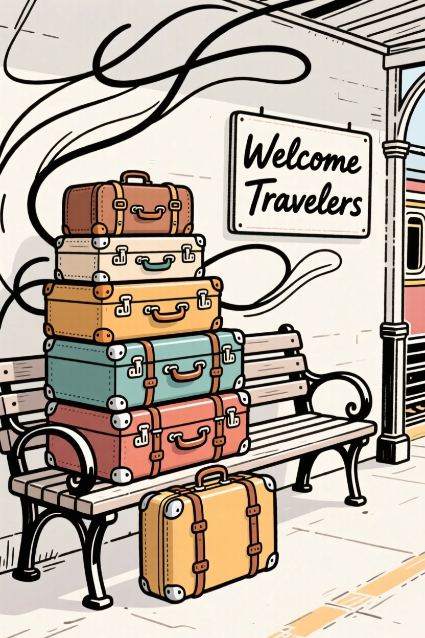 A stack of vintage suitcases piled beside an old train station bench.