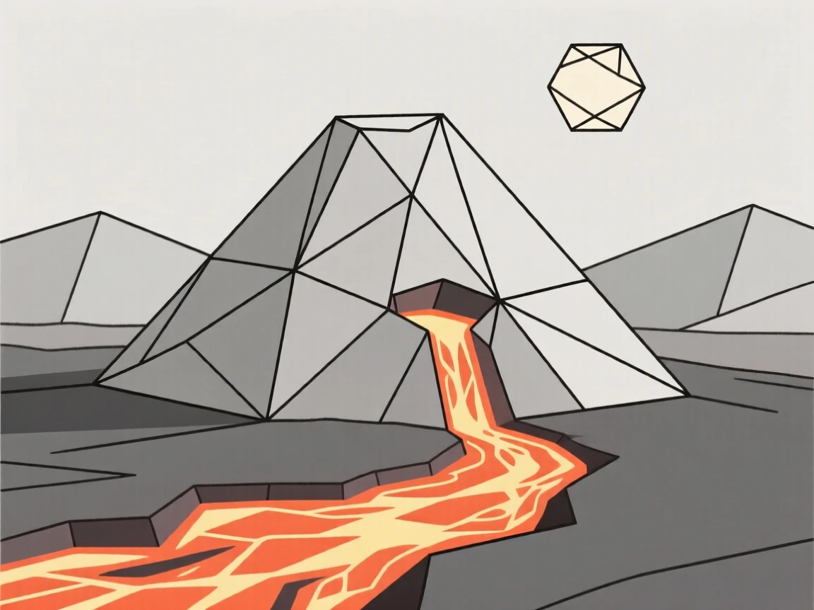 A volcanic landscape with a glowing lava flow