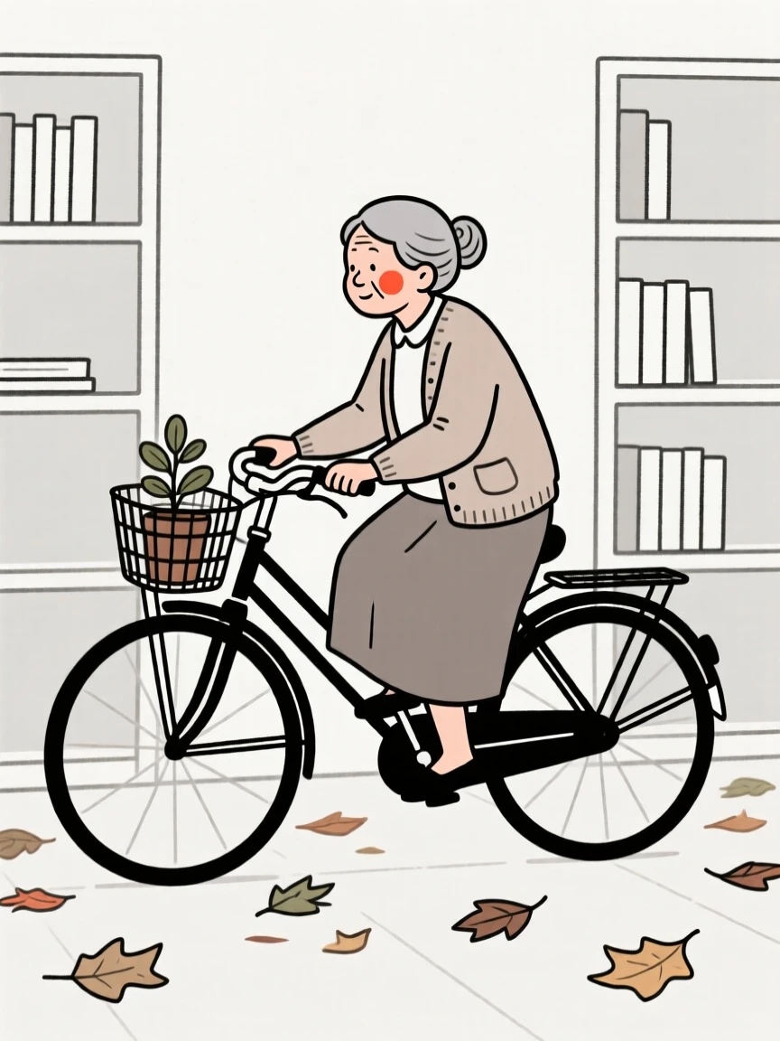 An elderly woman riding a bicycle through fallen leaves, in a quiet library.