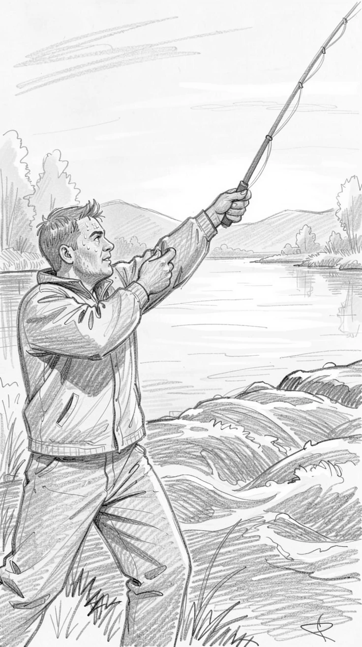 A dynamic action shot of a fisherman casting a line into a calm river at dawn beside a rushing river, with sweat and sunlight glistening together.