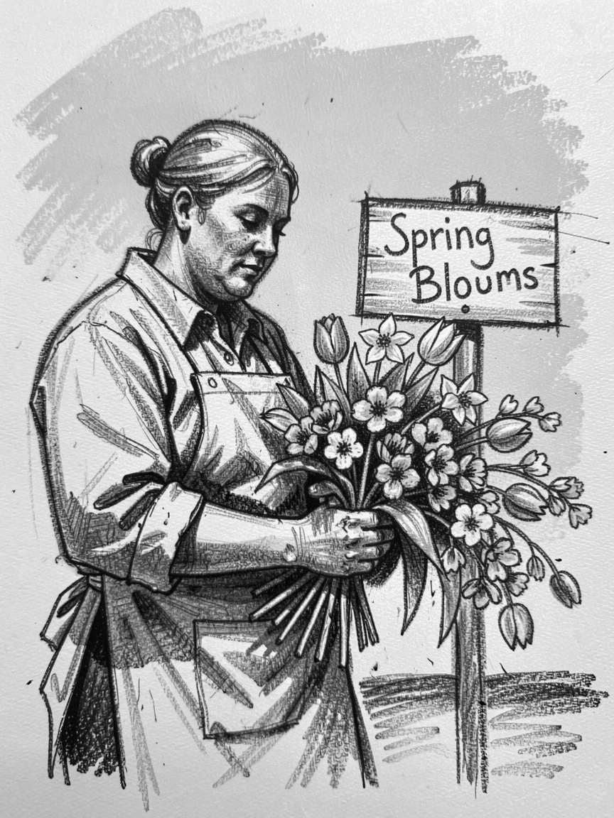 A florist arranging a bouquet of fresh spring flowers, under a clear blue midday sky.