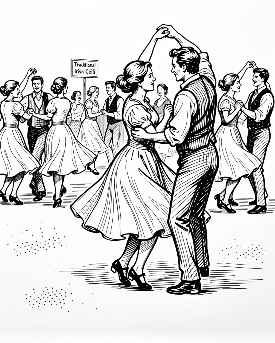 A traditional Irish céilí dance with dancers moving in lively formation.