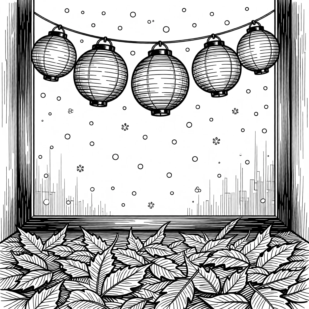 A string of paper lanterns during a summer festival as snow gently falls outside the window, with the rich texture of fallen leaves underfoot, capturing a gently sentimental seasonal moment.