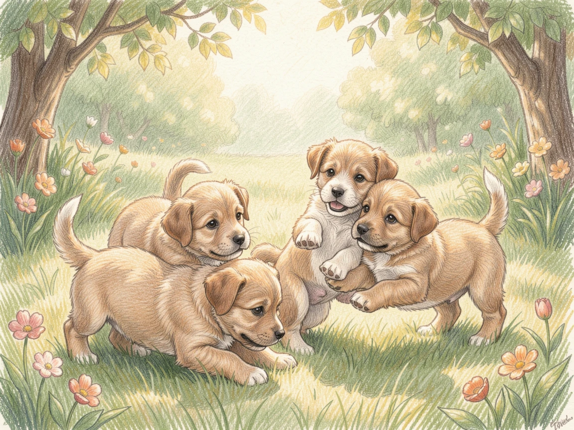 A litter of puppies tumbling playfully in a sunny garden, with soft, natural light bringing warmth to every detail, celebrating a moment people would love to revisit.