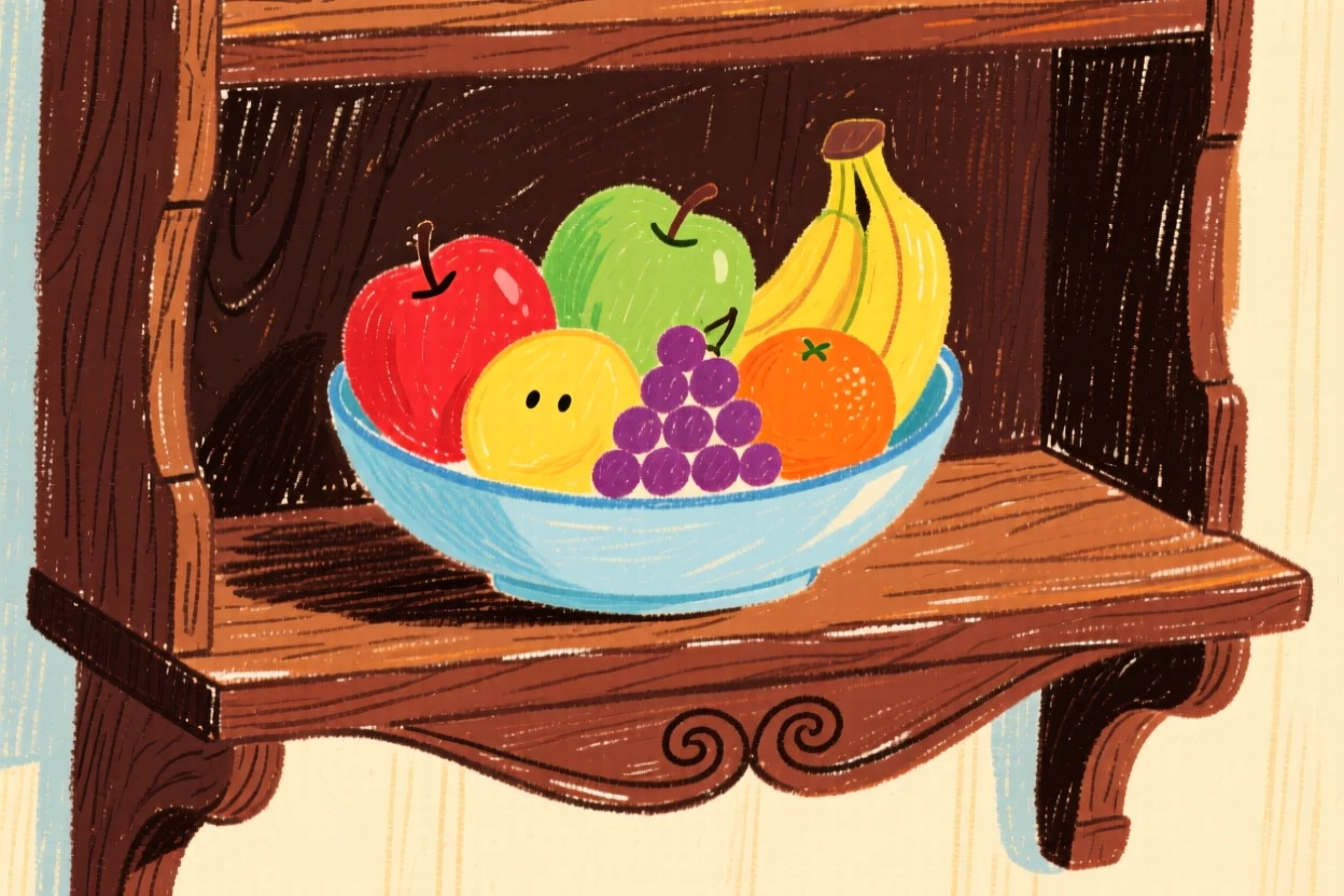 A bowl of fresh fruit displayed on an antique shelf.