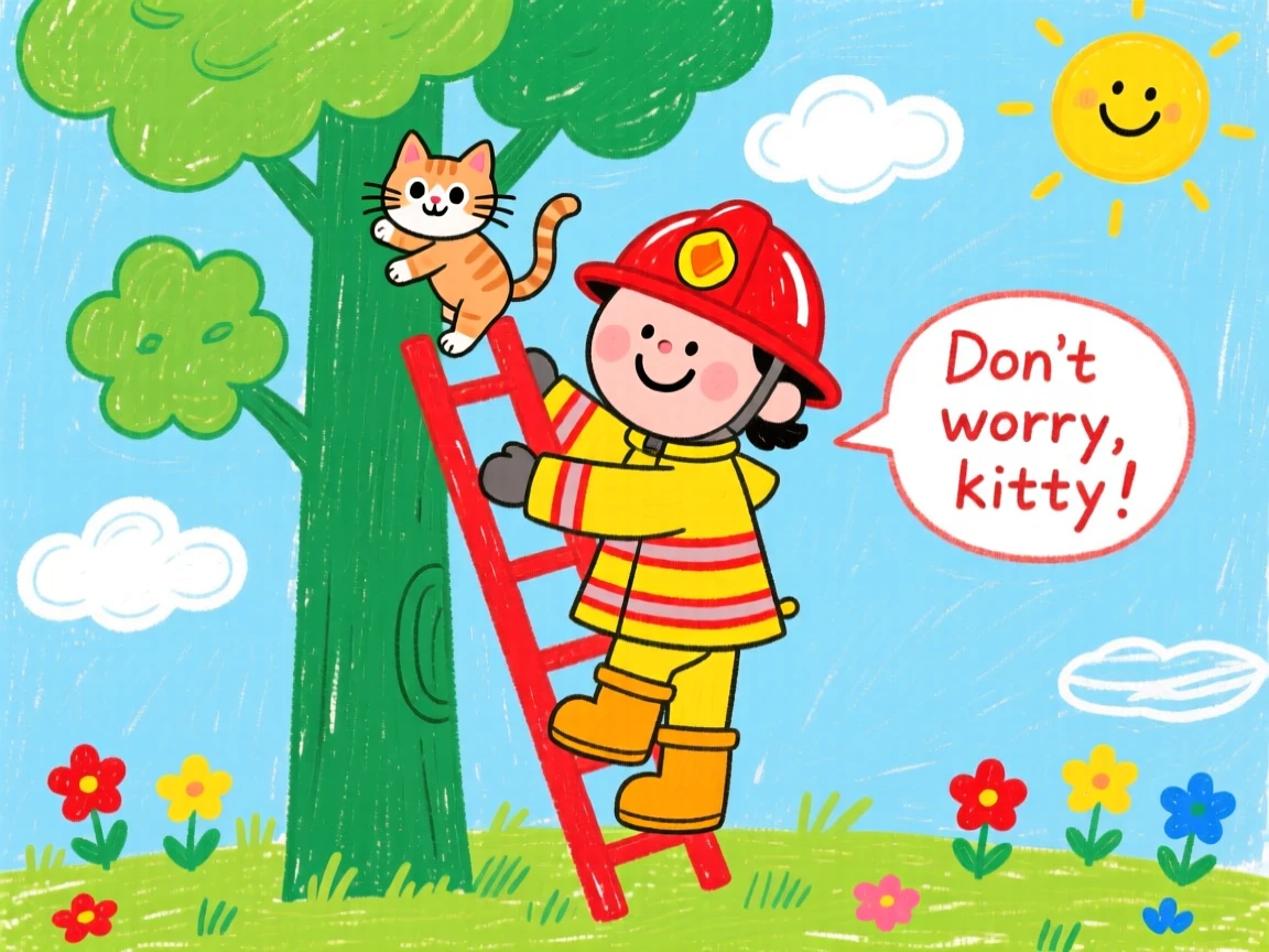 A firefighter rescuing a kitten from a tall tree.
