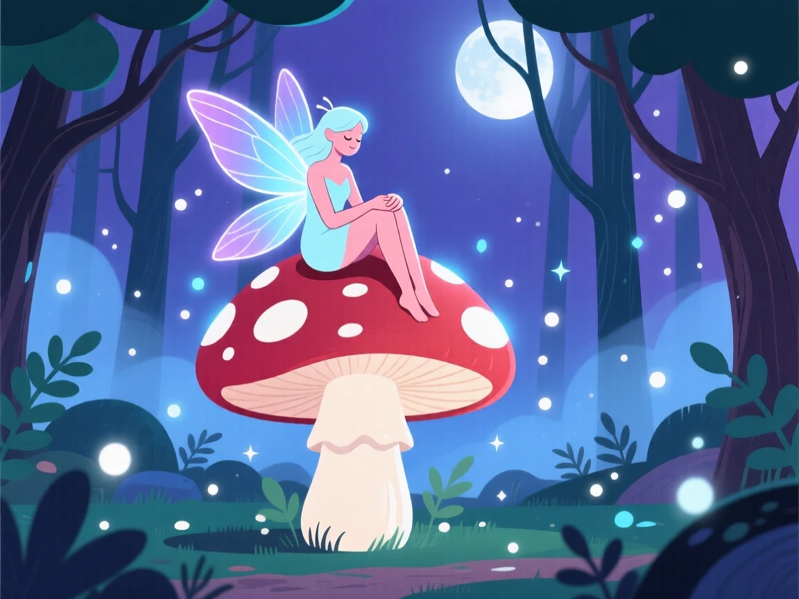 A glowing fairy resting on a giant mushroom in an enchanted forest, surrounded by a magical mist glowing faintly in the moonlight, framed to evoke a sense of magic and enchantment, with subtle magical particles drifting through the air.