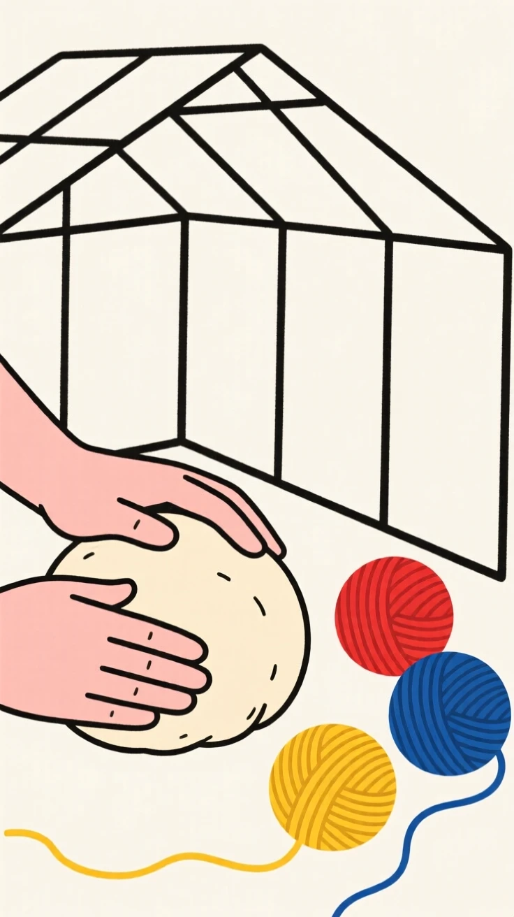 A close view of hands baking bread from scratch near balls of colorful yarn in a garden greenhouse, full of joyful discovery.