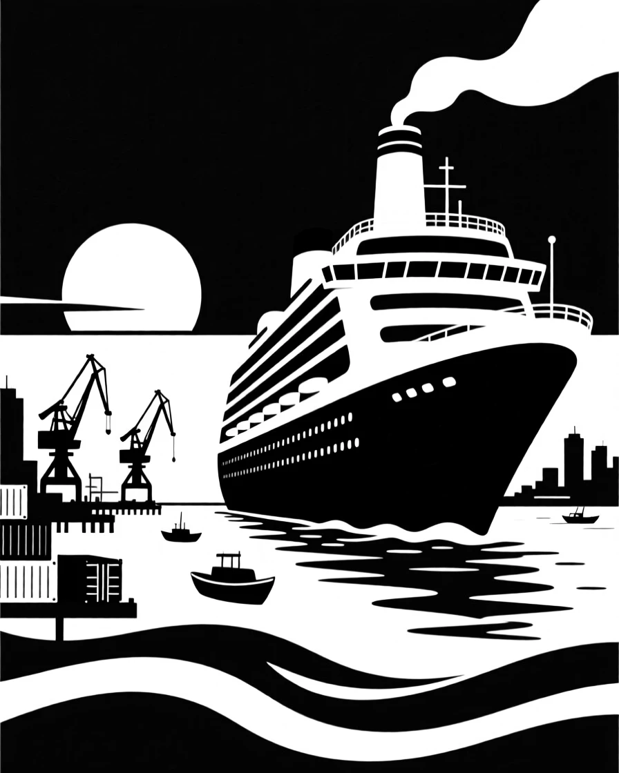 A cruise ship departing a busy harbor at sunset.