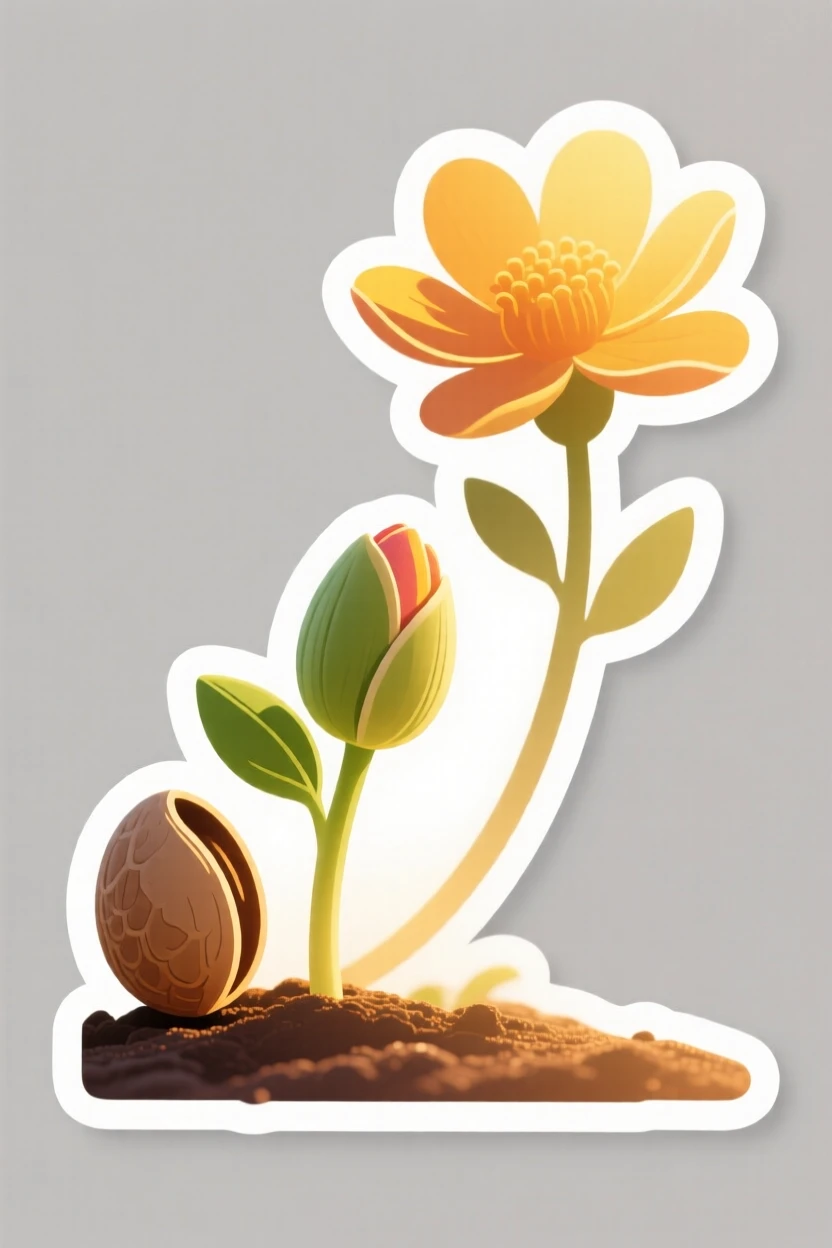 A warmly encouraging scene of a seed transforming into a blooming flower in stages, bathed in warm golden light, representing a new beginning.