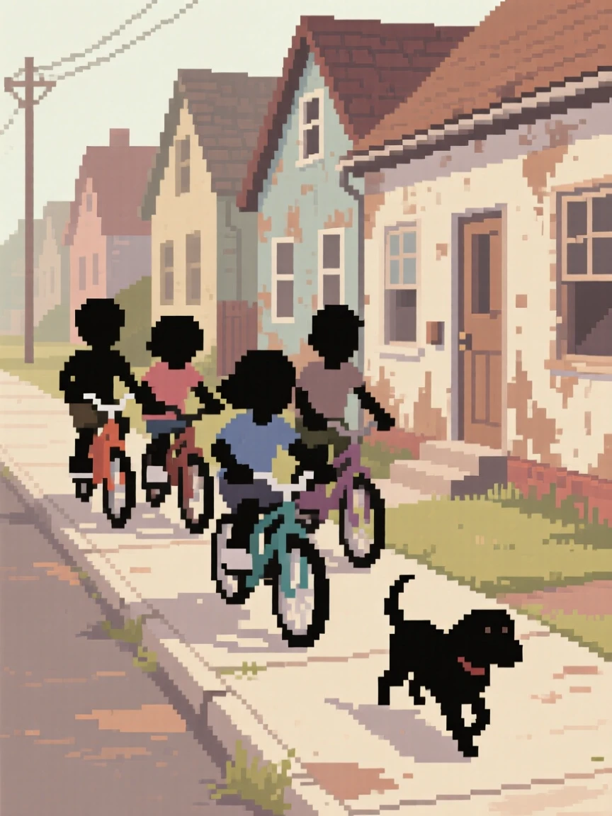 A group of kids riding bicycles down a hill with an old dog trotting along beside them, on a neighborhood sidewalk lined with old houses.