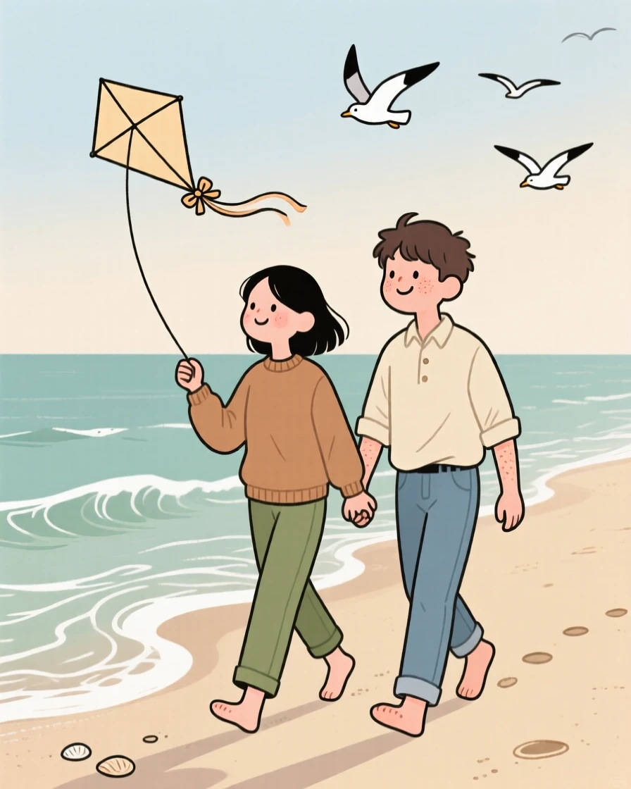 Waves roll gently onto a quiet sandy beach where a young couple walk along the shoreline, flying a small kite as seagulls glide overhead.