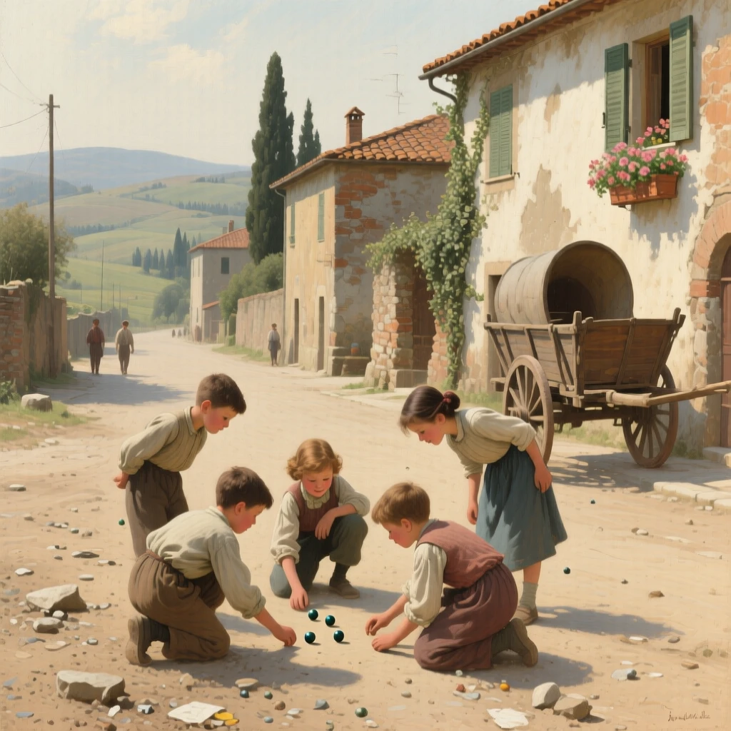 A sweeping wide shot of children playing marbles on a dusty village street, in rural Tuscany, in the 1930s.