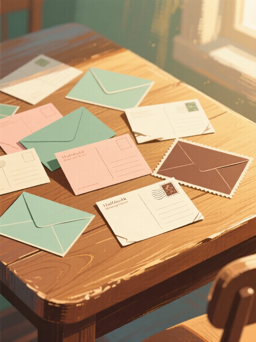 A collection of vintage postcards spread across a wooden table