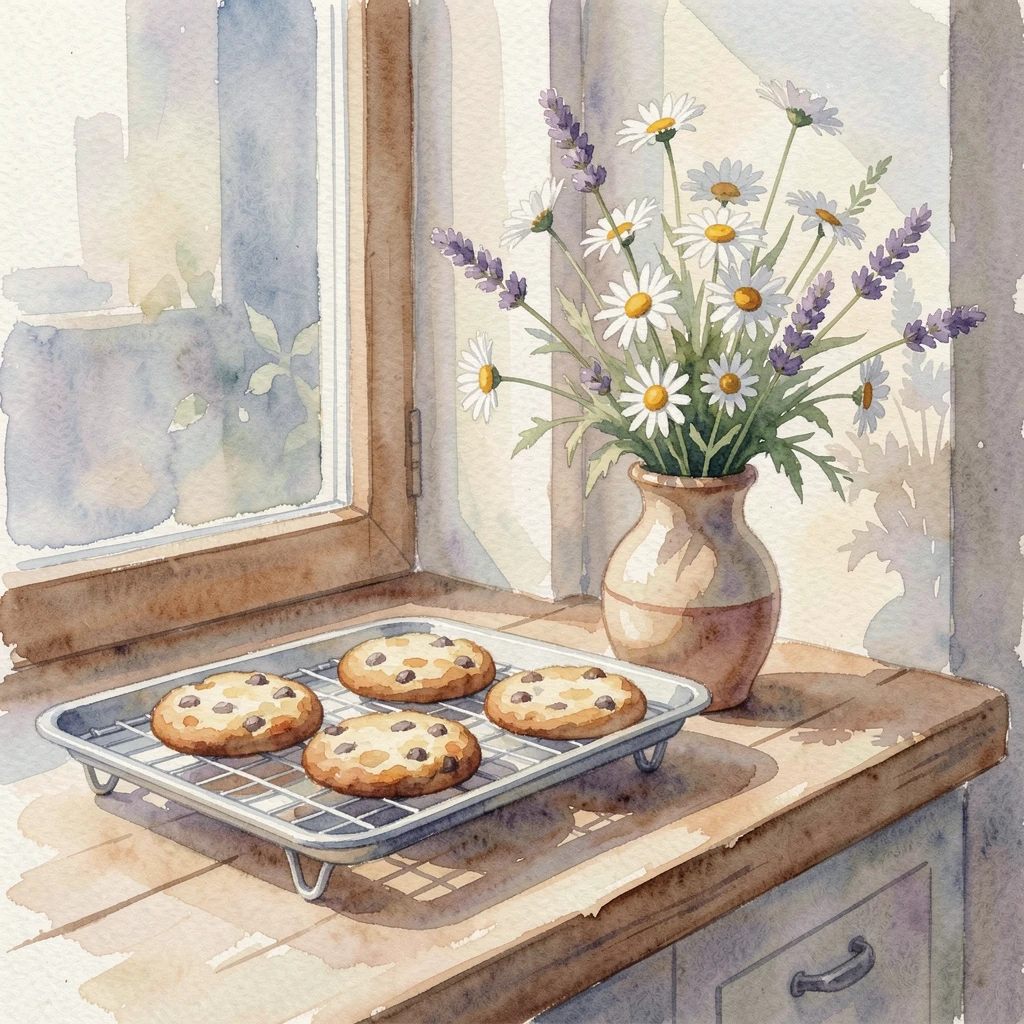 A tray of freshly baked cookies cooling on a rack on a windowsill with morning light with a small vase of flowers nearby.