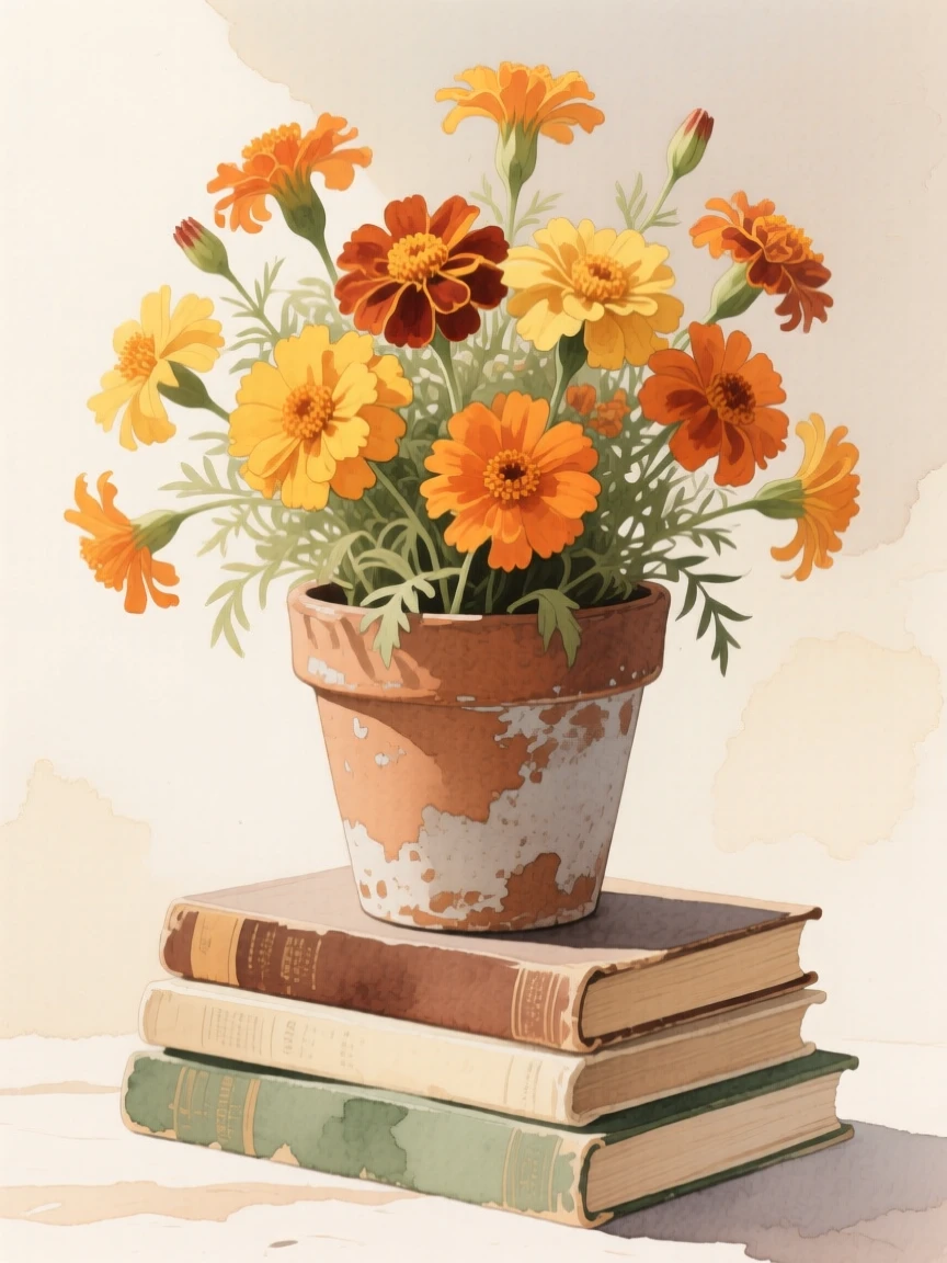 A bouquet of marigolds in soft, layered tones fills a weathered clay pot atop a stack of old books, petals catching the gentle light