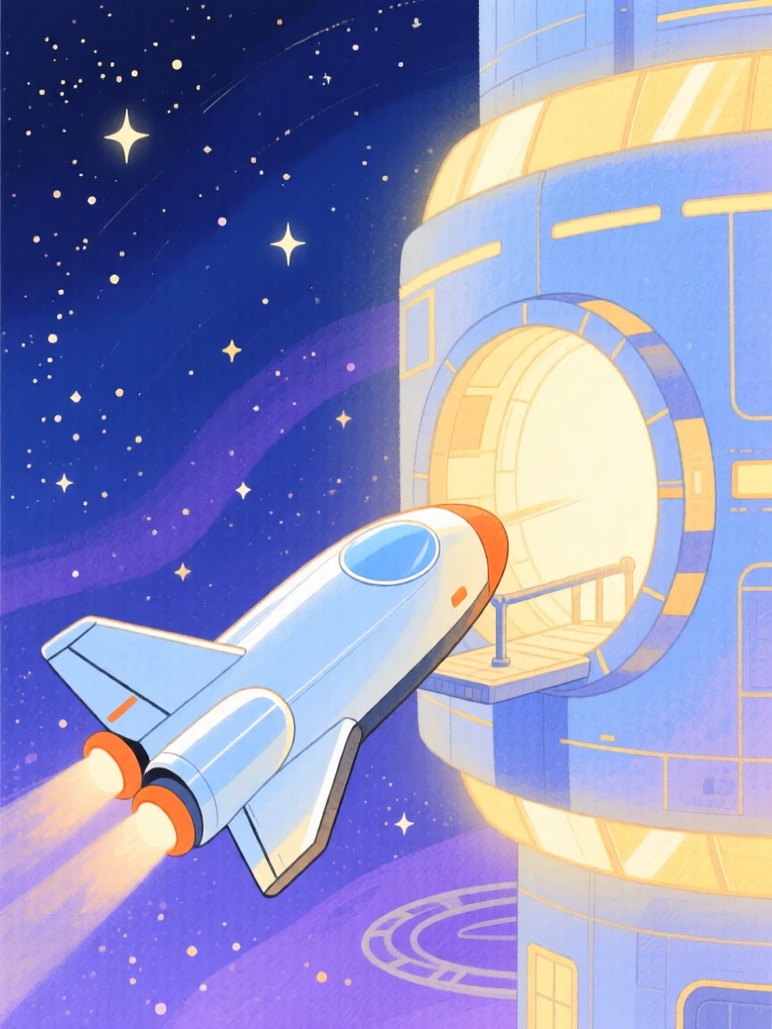 An imaginative scene of a spacecraft docking gently with a glowing space station.