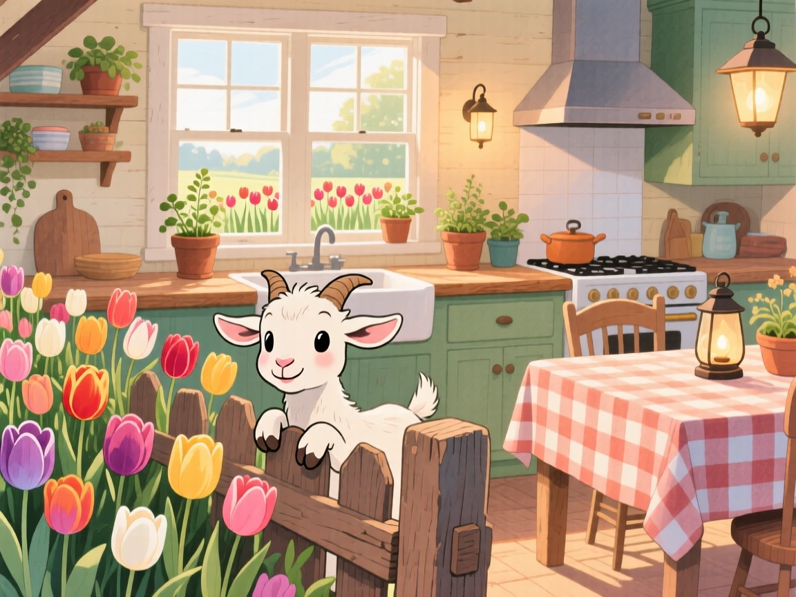 A baby goat peeking through a fence at a garden full of tulips, set in a cozy farmhouse kitchen with morning light streaming in, brimming with cozy comfort.
