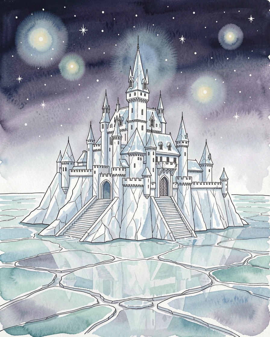 A castle built entirely of ice atop a frozen northern sea, stars or glowing motes drifting gently through the air.