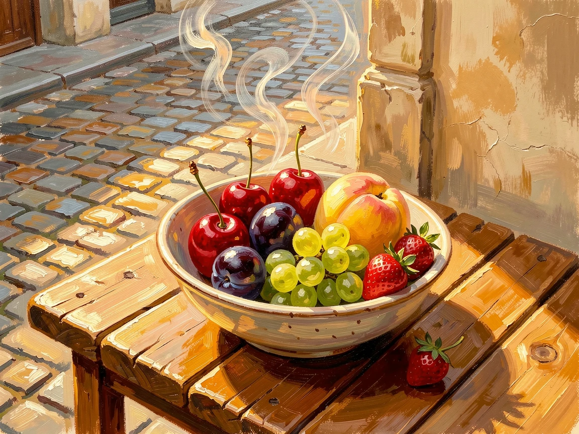 At an outdoor cafe table overlooking a cobblestone street, a bowl of vibrant, ripe summer fruit, steam rising gently into the air, at golden hour, light spilling across the table.