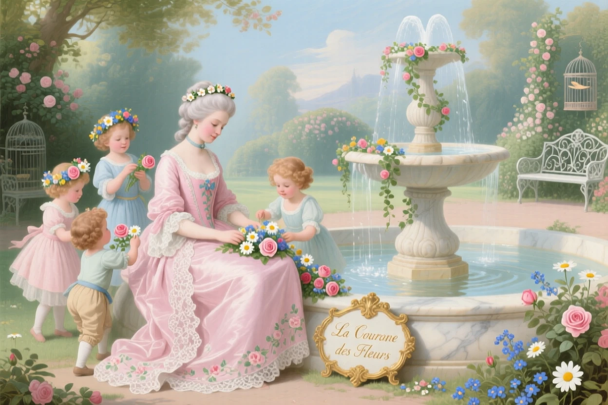 A princess seated beside a fountain while children weave flower crowns around her  