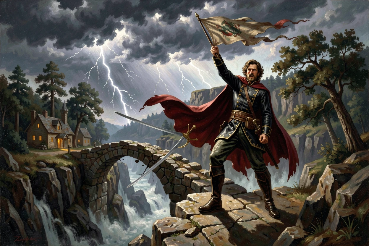 A brave captain defends the village from a crumbling bridge over a deep ravine as thunder rolls overhead.