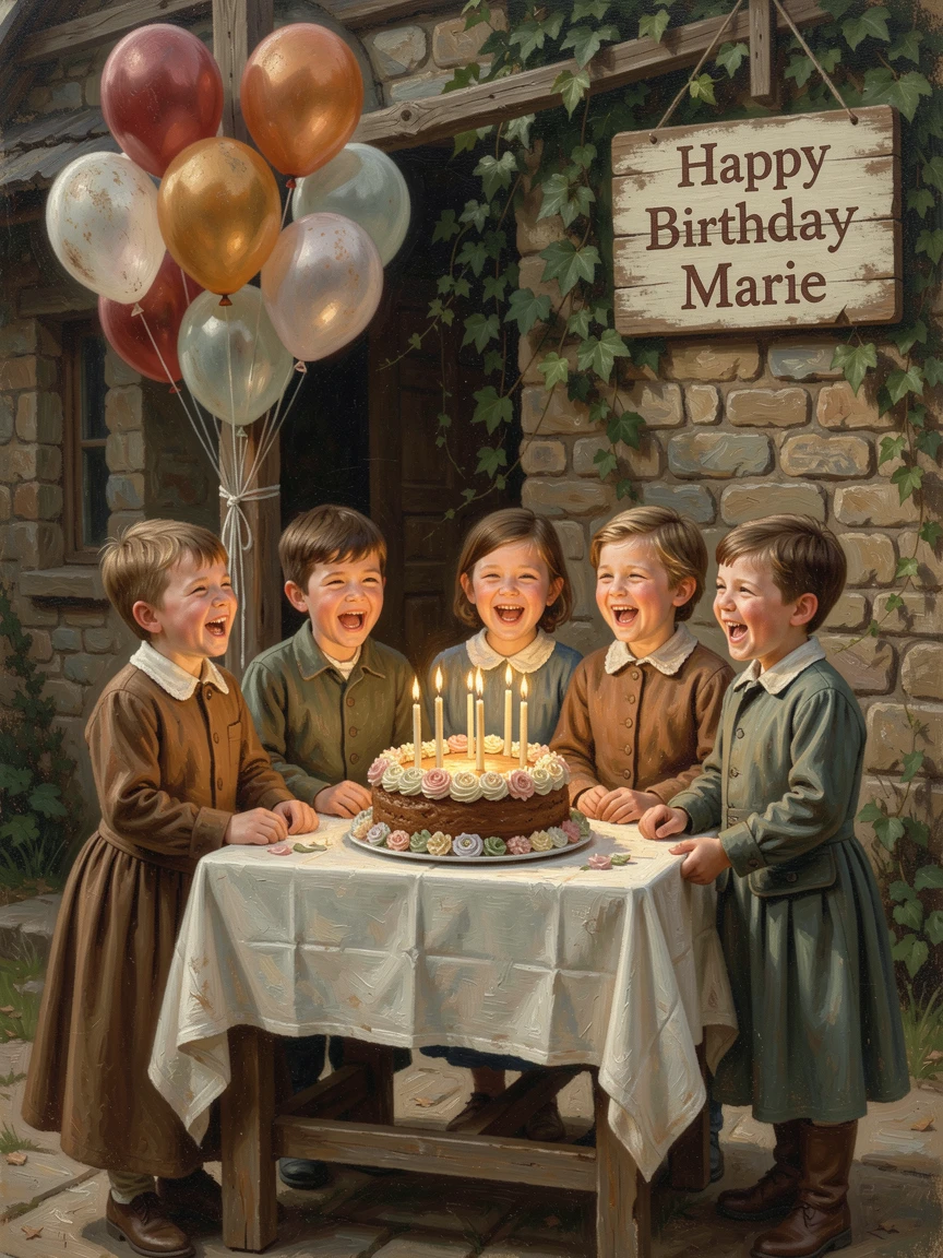 A festive birthday party with balloons, cake, and joyful children, as joyful expressions capture the spirit of the celebration, capturing the warmth, joy, and magic of the season
