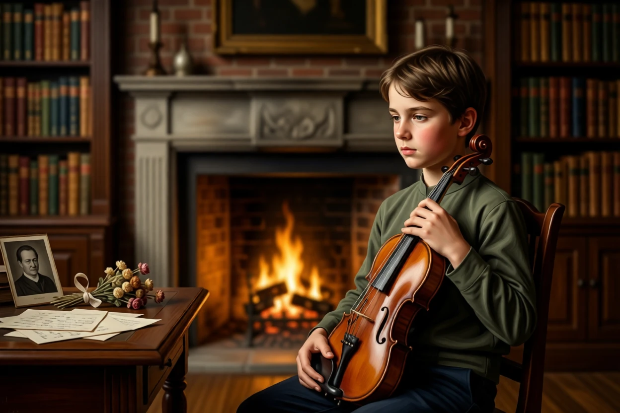 A young boy proudly holding his first violin holding perfectly still in contemplative silence, set within a book-lined study warmed by a crackling fire, surrounded by scattered letters, a faded photograph, and dried flowers; soft background blur isolates the sitter as the clear focal point, conveying quiet dignity and inner life.