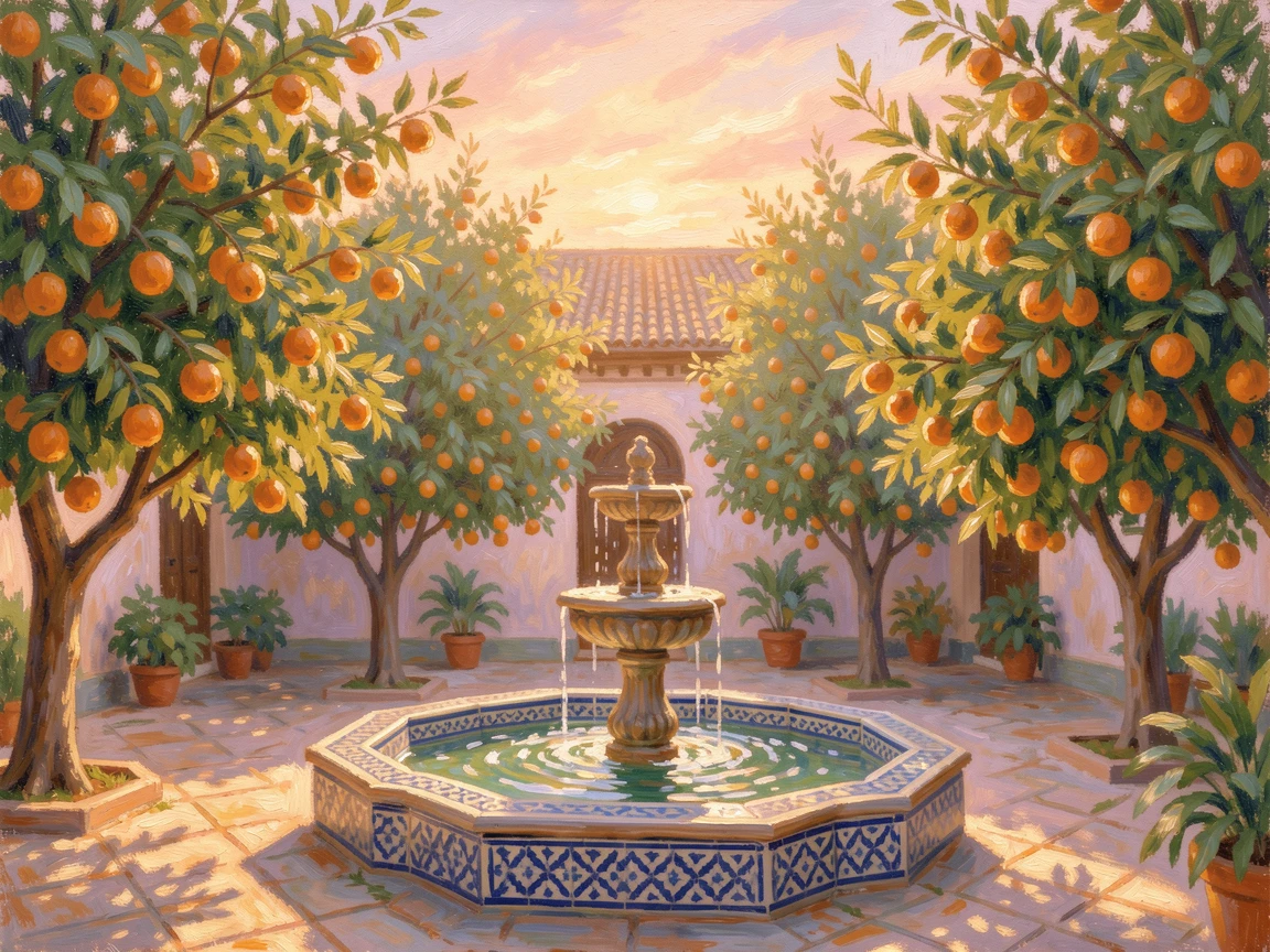 A traditional Andalusian courtyard filled with orange trees, a tiled fountain trickling softly in the shade, under a glowing sunset sky.